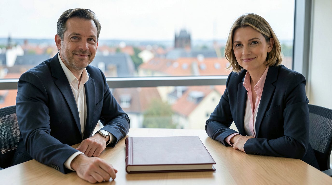 A man and a woman in dark blazers sit at either side of a light wooden table and look at the camera, with a single closed burgundy bound volume on the table between them and a window behind them showing red-tiled city rooftops