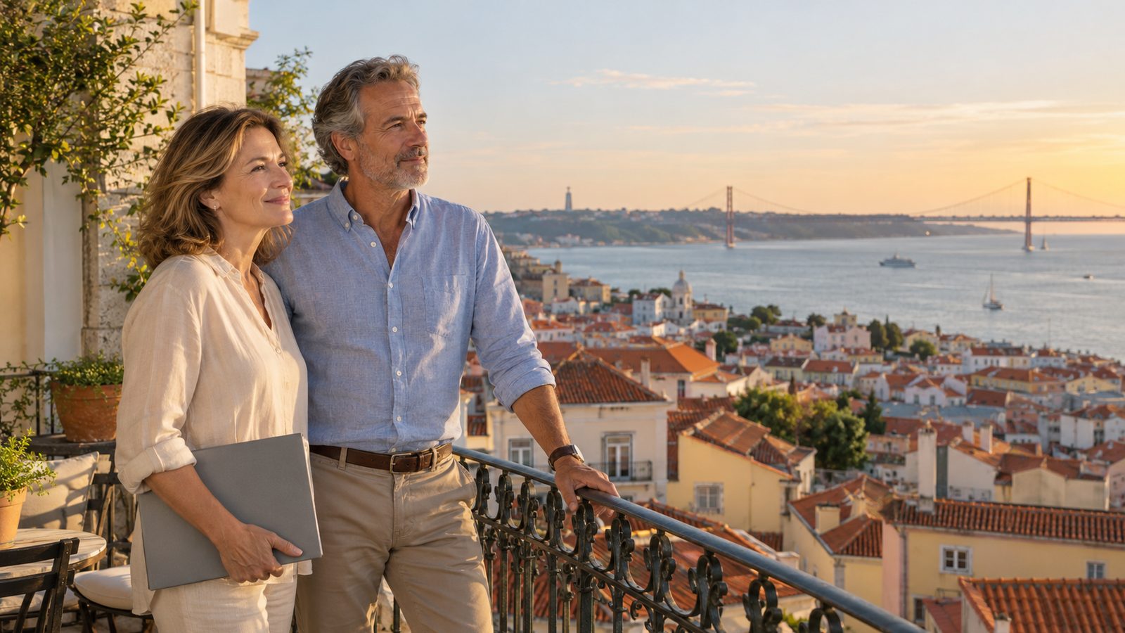 A couple in their fifties stand on a sunlit stone terrace above terracotta rooftops in Lisbon, looking toward the river; the woman holds a closed plain grey folder