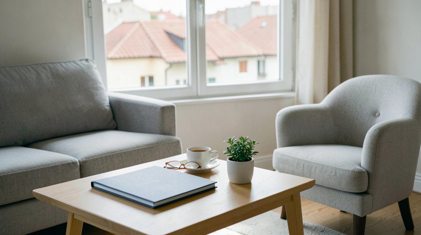 A quiet, bright living room in a European apartment: a closed dark-blue folder, reading glasses and a cup of tea on a light oak coffee table between a grey sofa and an empty armchair, with tiled rooftops visible through the window