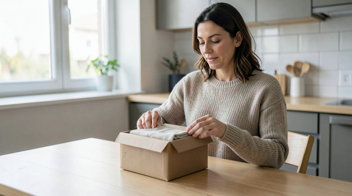 An adult sits at a kitchen table and opens a plain brown cardboard parcel from an online order, with the lid folded back and the contents still wrapped