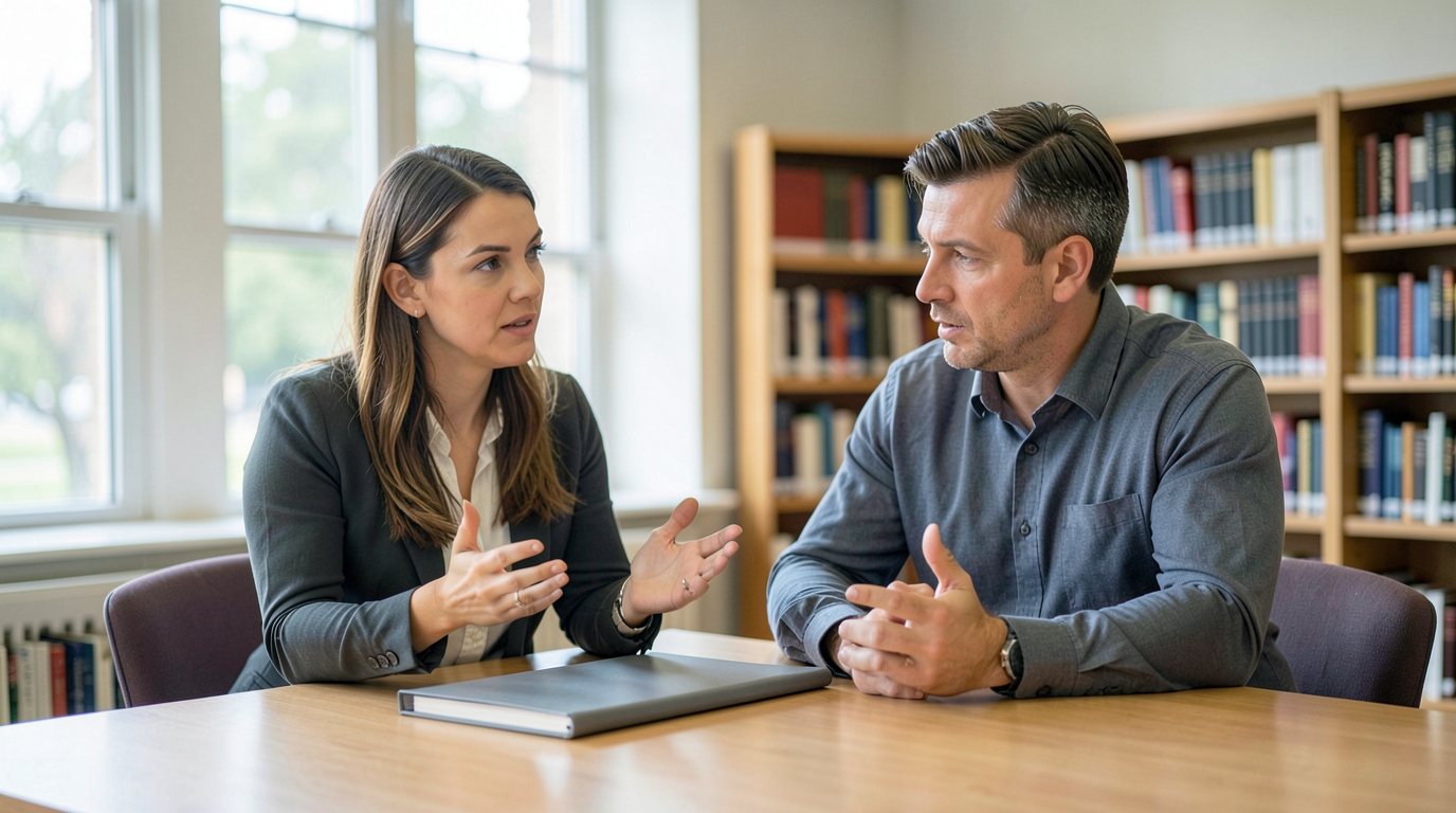 Two adults sit at a long wooden table in a bright public library reading room; one explains with open hands while a closed plain folder lies on the table between them