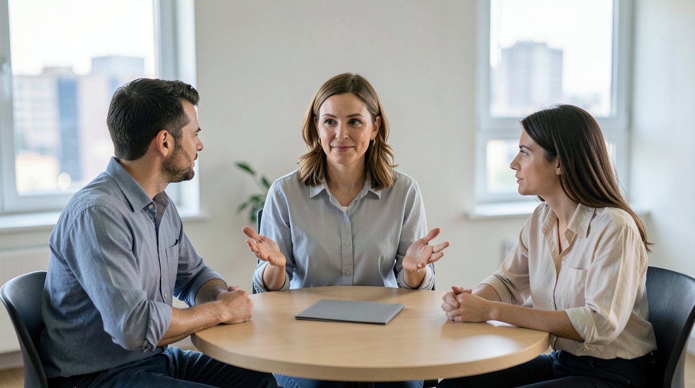 Three adults in smart casual clothes sit at a round light wooden table in a bright meeting room; the woman in the middle gestures with open hands toward the two others, and one closed plain grey folder lies on the table