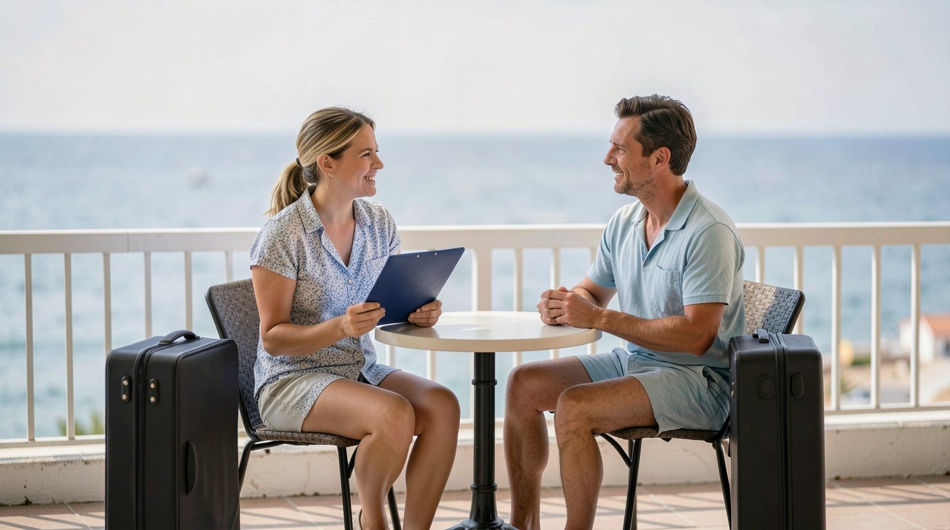 An adult couple in casual summer clothes sit at a café table on a seaside hotel terrace with two plain dark suitcases beside them; the woman holds a closed plain blue folder and is talking while the man listens