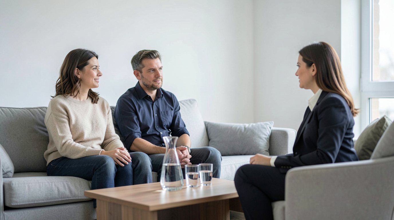 A woman in her thirties in a beige sweater and a man in a navy shirt sit on a light grey sofa in a bright European living room, talking with a female lawyer in a dark suit who sits in an armchair opposite them, with a glass carafe and three glasses of water on the coffee table between them