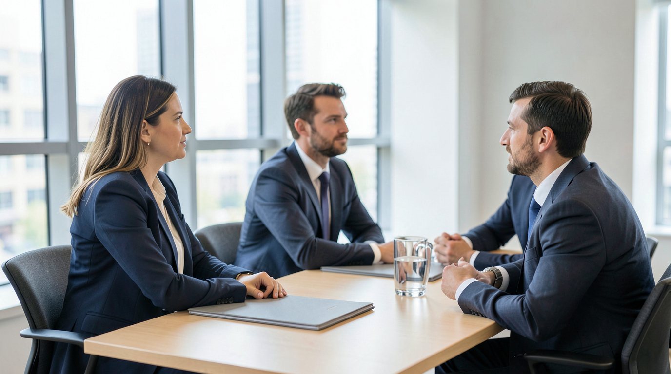 Three adults in business clothes sit around a long table with plain folders and a water jug in a bright meeting room, seen from the side, their faces not in focus