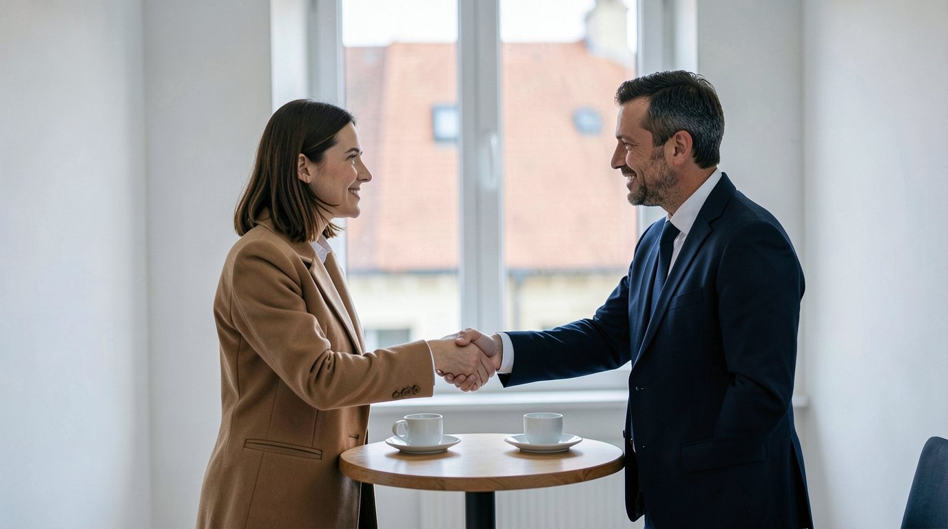 A woman in a camel coat and a man in a navy blazer shake hands across a small round wooden table with two white coffee cups, in a bright office with plain white walls and a tall window showing blurred terracotta rooftops
