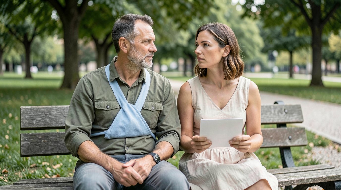 A man in his forties in an olive shirt sits on a wooden park bench with his arm in a light-blue triangular sling, beside a woman in a light summer dress holding a plain white envelope, both looking at each other with a serious expression in a green city park