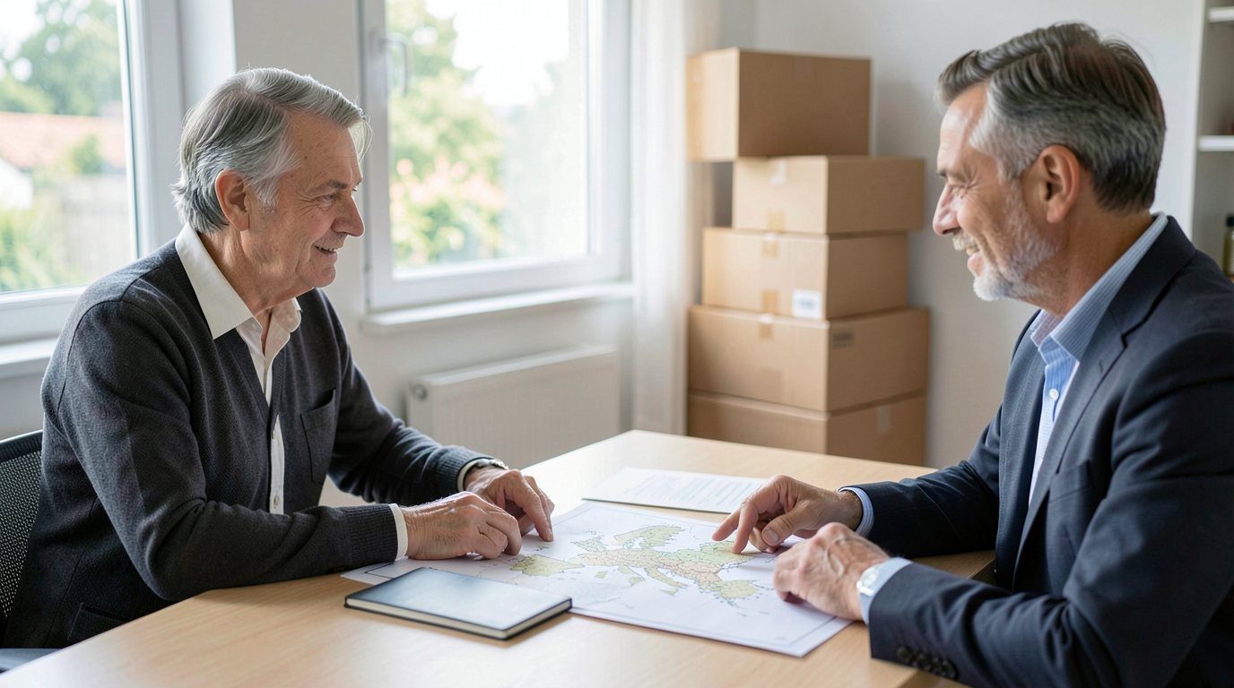 Client and tax adviser reviewing a map of Europe and relocation documents at a desk before a move abroad