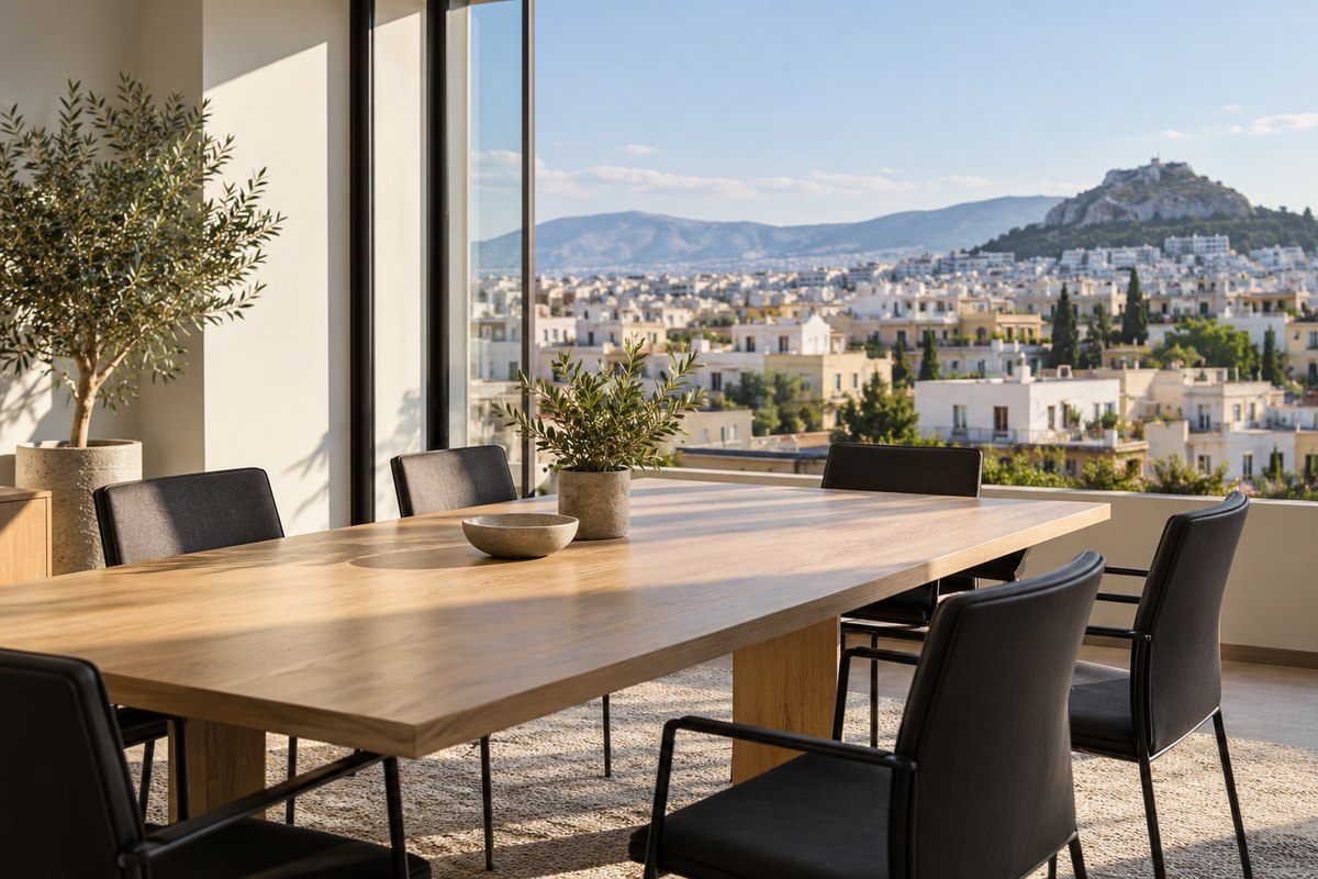 An empty meeting room with a wooden table and olive plants overlooking buildings in Greece