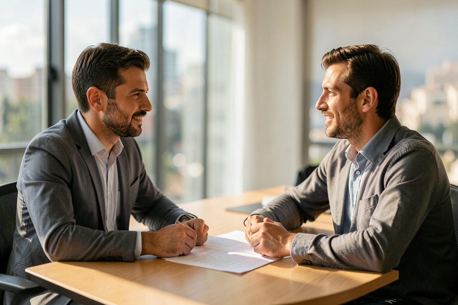 Adults in civilian clothes discussing an employment contract in an office