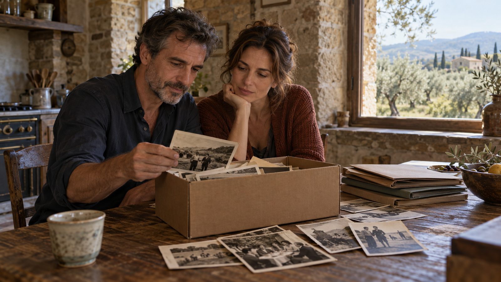 A man and a woman in their forties sit at a worn wooden table in a stone farmhouse kitchen, looking through a cardboard box of old black-and-white family photographs, with plain folders beside them and olive trees outside the window