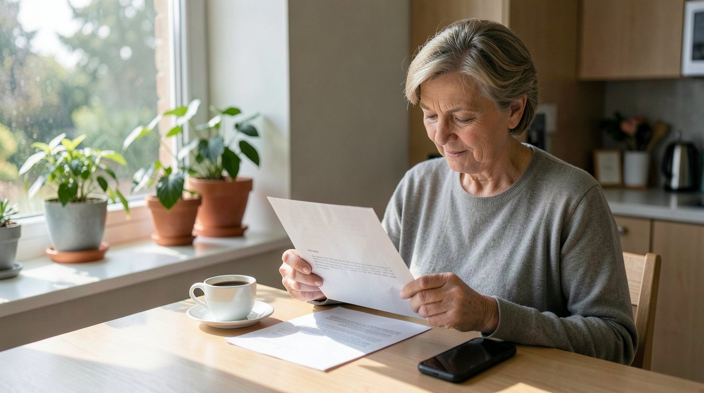 Woman in her fifties at a kitchen table in a sunlit European apartment reading a formal letter taken from a large envelope, a cup of coffee and a mobile phone beside her