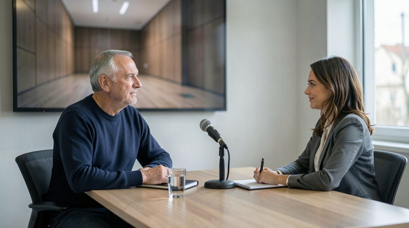 A man in a plain navy sweater seated at a table in a European meeting room facing a large wall screen that shows only a blurred wood-panelled room, a table microphone and a glass of water in front of him, a woman interpreter with a notepad beside him
