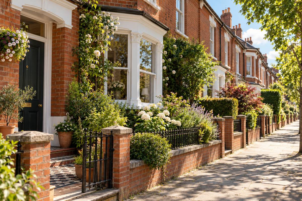 Brick terraced homes and small front gardens on a quiet British residential street