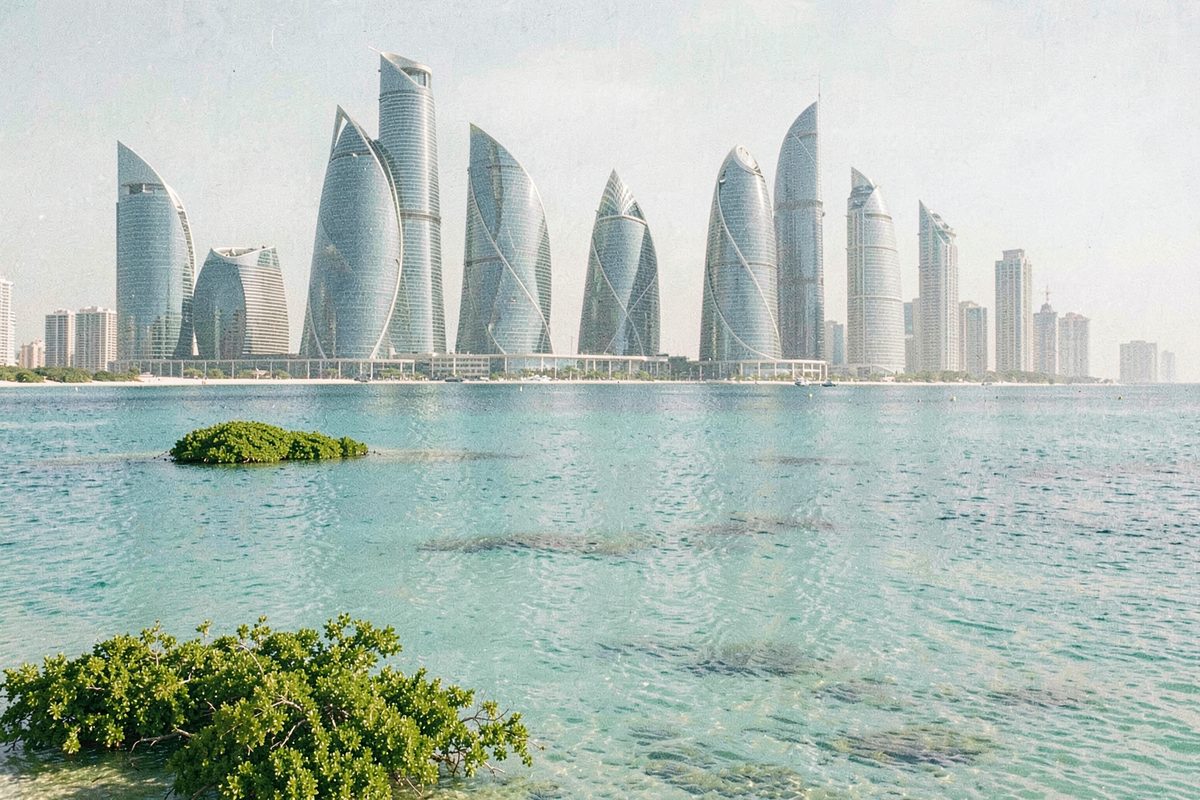 Mangroves and turquoise Gulf water with modern towers behind in Abu Dhabi (illustrative image)