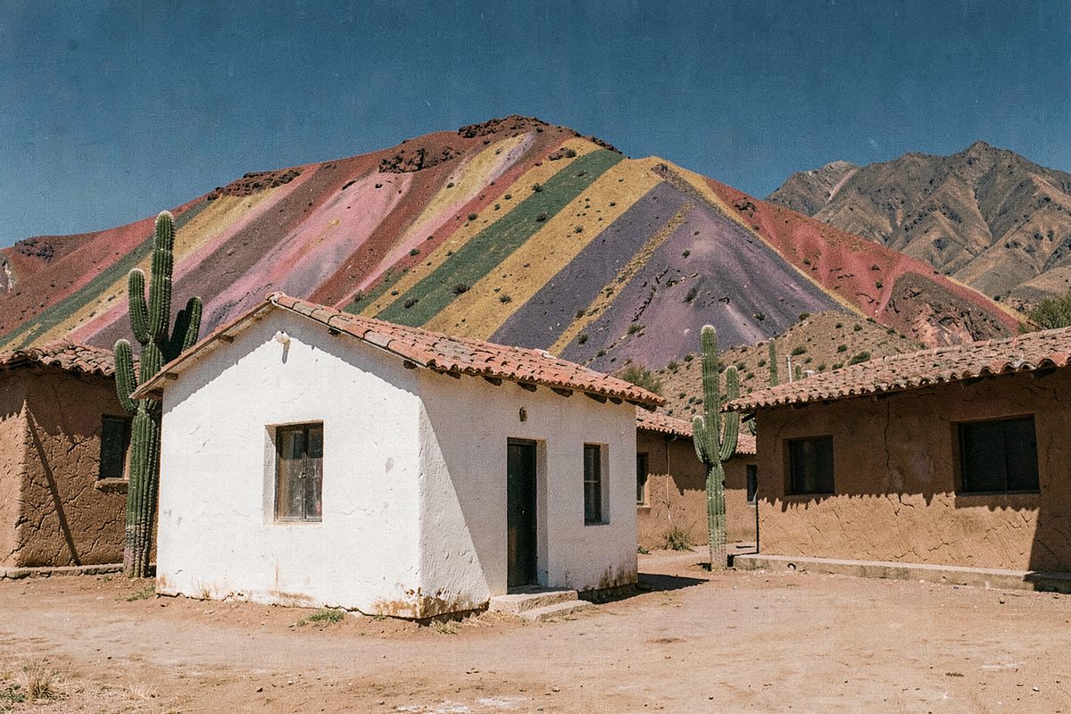 Adobe houses, cardon cacti and a striped multicoloured mountain in Jujuy, Argentina (illustrative image)