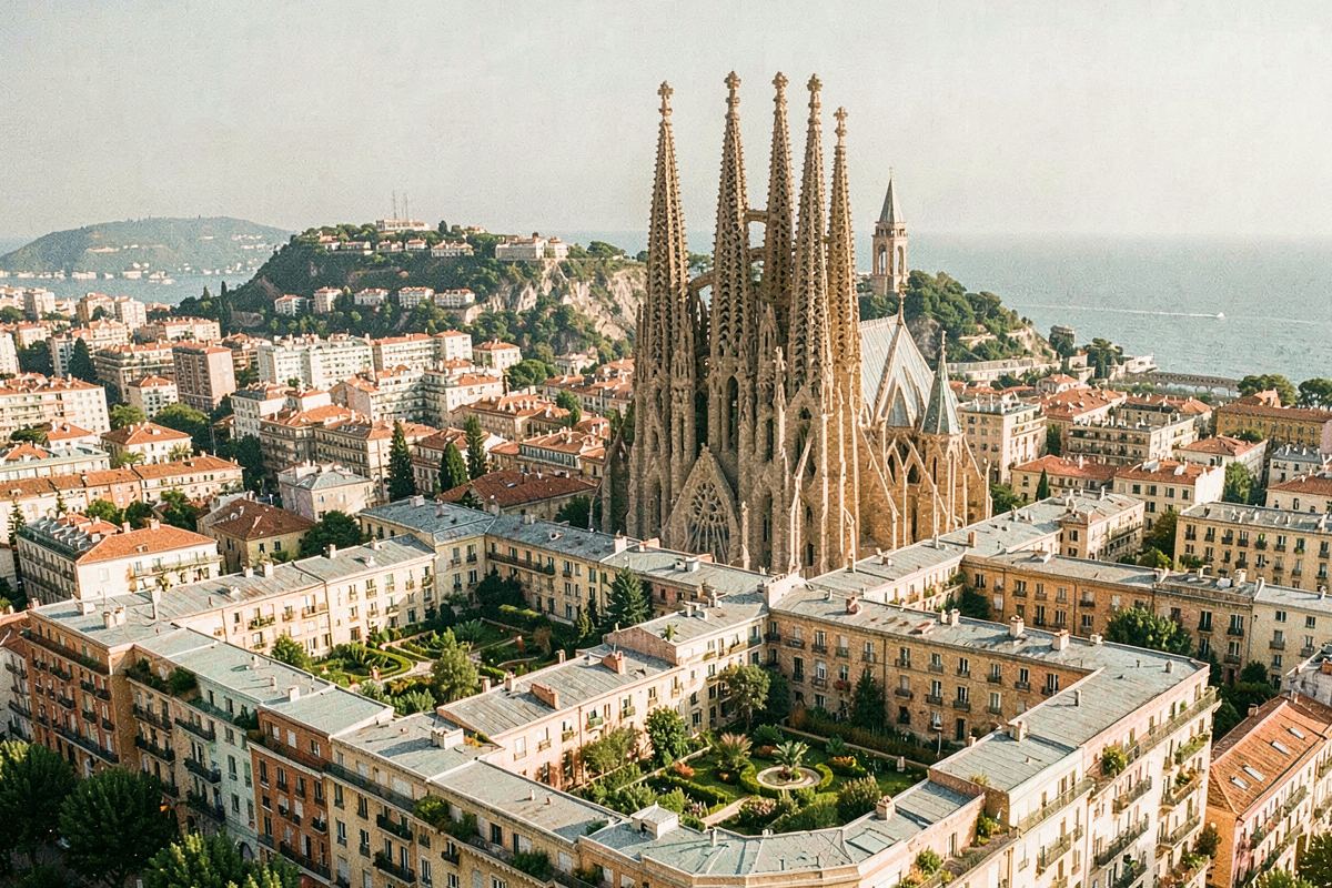 Eixample blocks with inner courtyards and basilica spires by the sea in Barcelona (illustrative image)