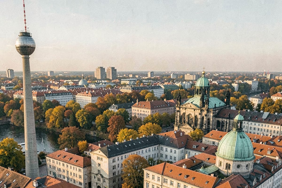 Television tower, green copper domes and autumn trees along the Spree in Berlin (illustrative image)