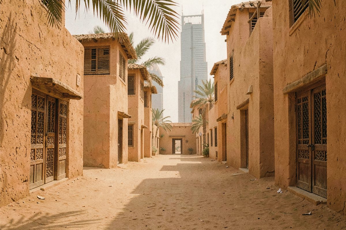 Wind-tower houses with modern skyscrapers behind in Dubai (illustrative image)