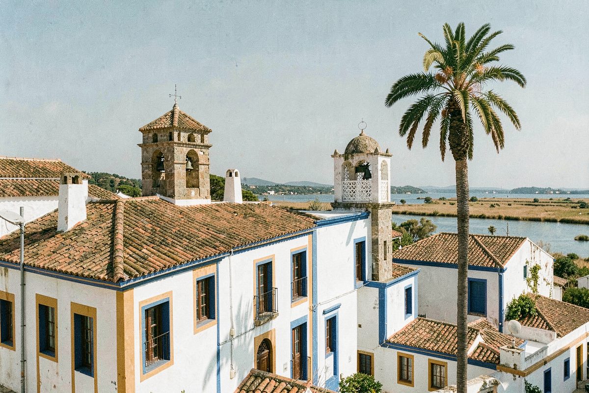 Whitewashed houses with Algarve chimneys by the Ria Formosa lagoon in Faro (illustrative image)