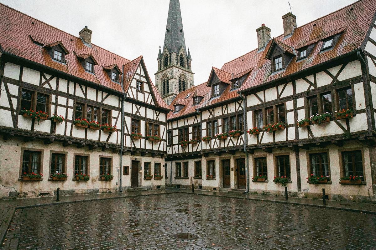Half-timbered houses on a cobbled old-town square in Germany (illustrative image)