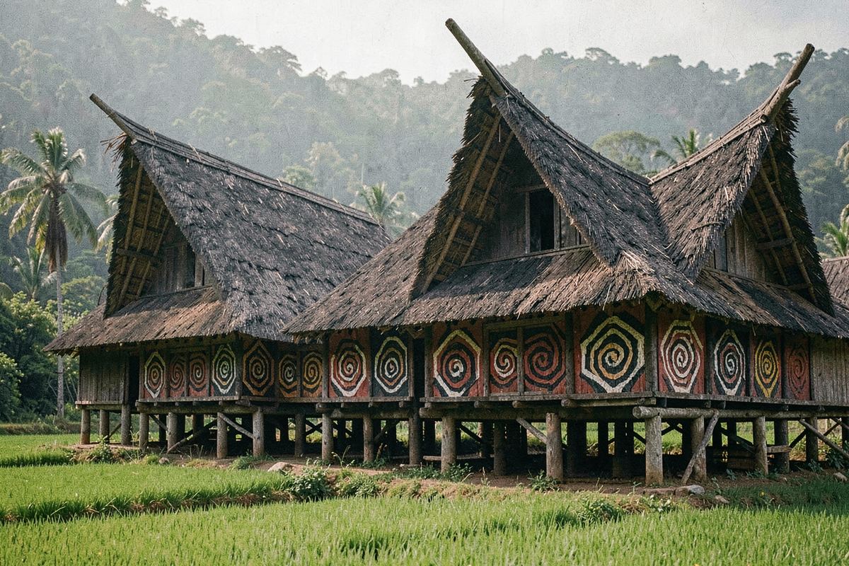 Traditional Toraja houses with upswept roofs among rice fields in Indonesia (illustrative image)