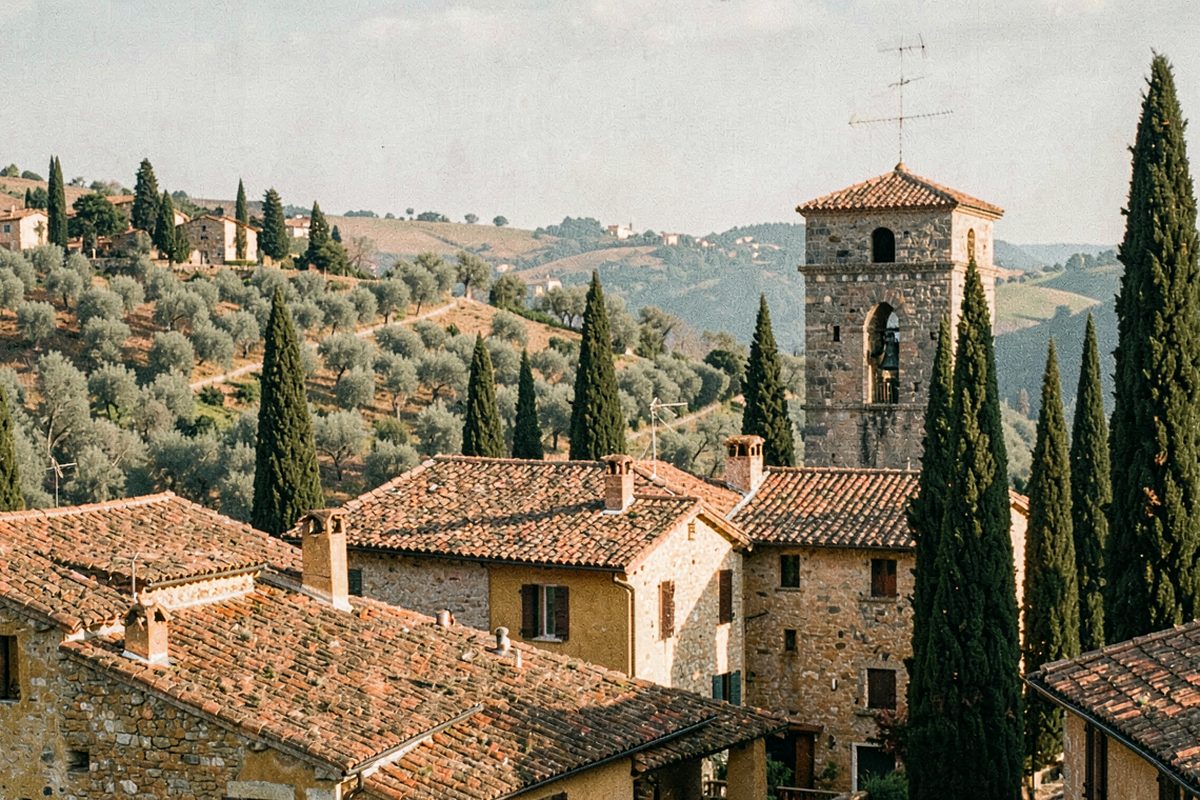 Stone hill town with terracotta roofs and cypress trees in Tuscany, Italy (illustrative image)