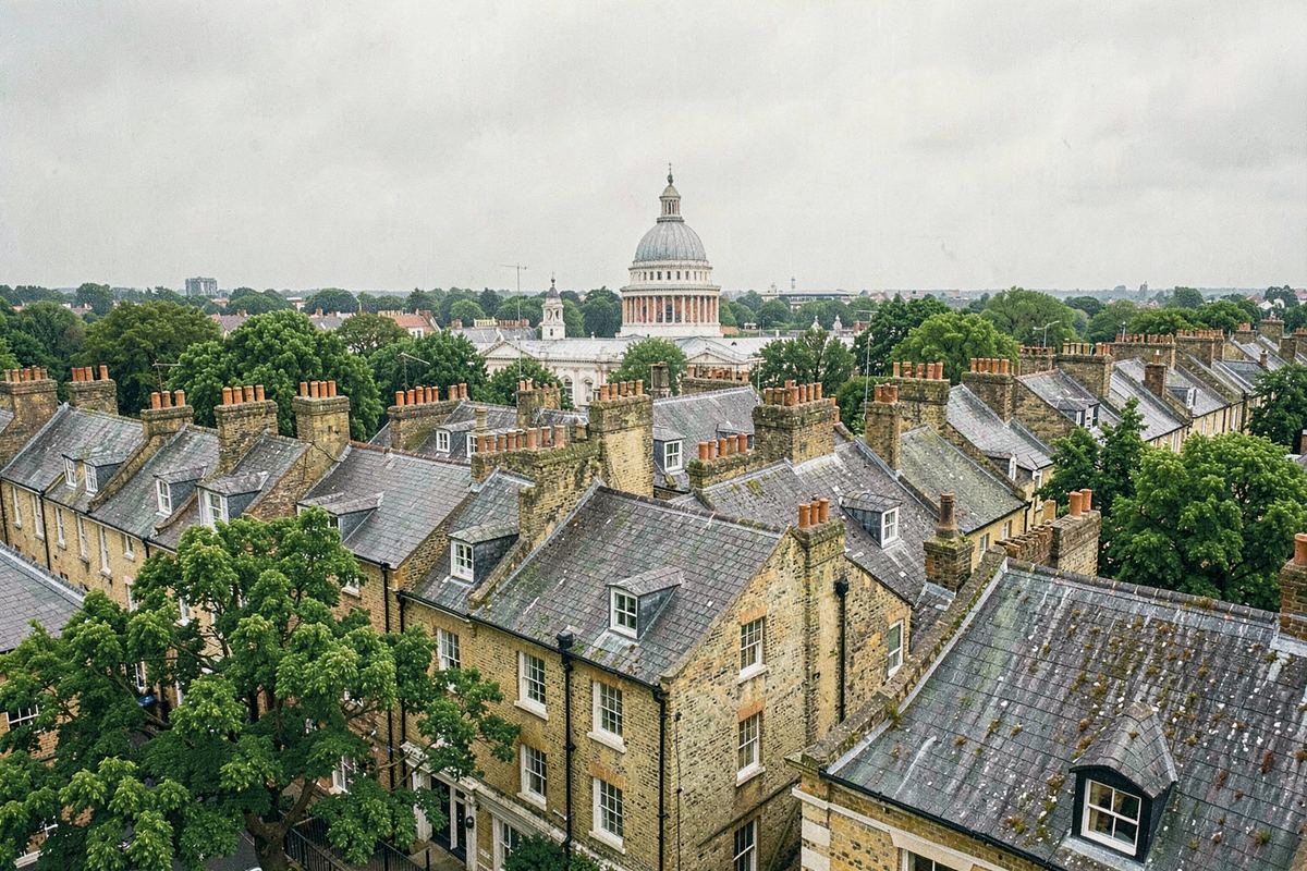 Brick terraced houses, slate roofs and chimney pots with a domed cathedral beyond in London (illustrative image)