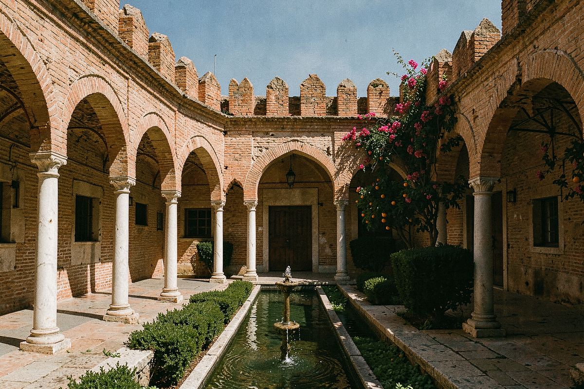 Arcaded Moorish courtyard with a fountain channel and orange tree in Malaga (illustrative image)