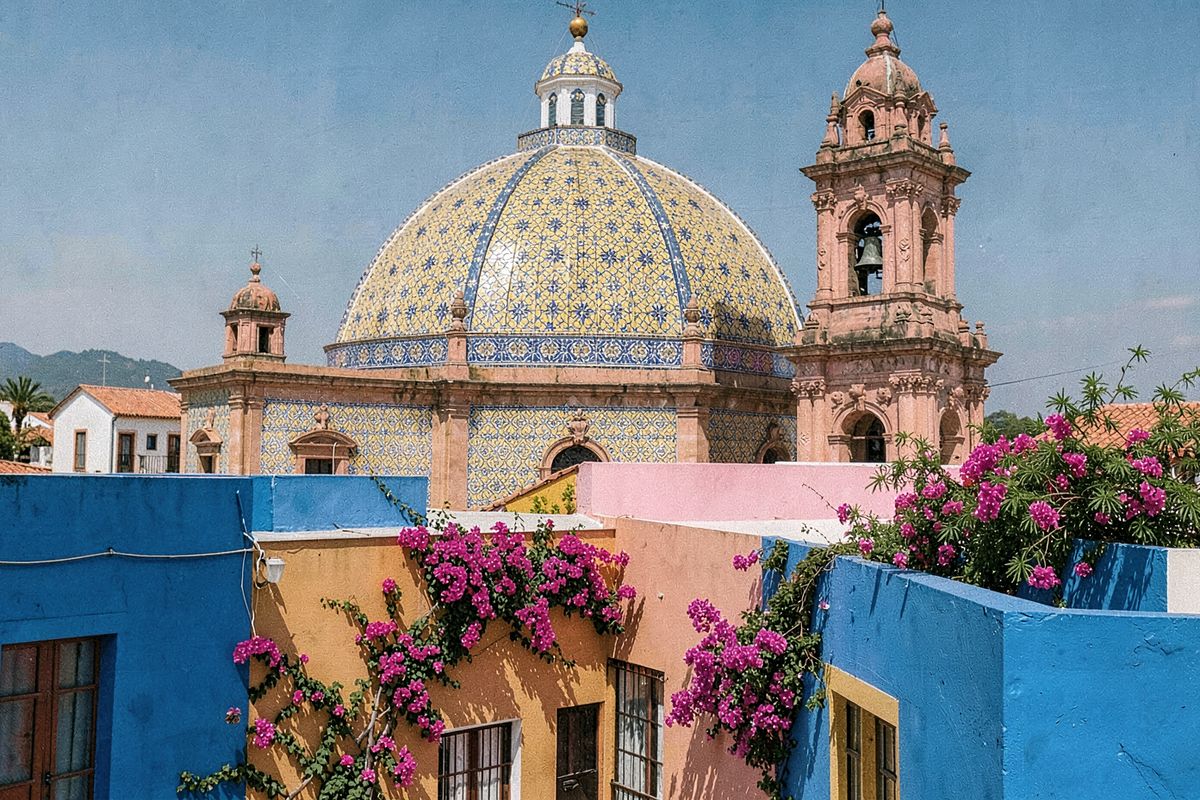 Talavera-tiled church dome, pink stone bell tower and colourful rooftops in a Mexican colonial town (illustrative image)