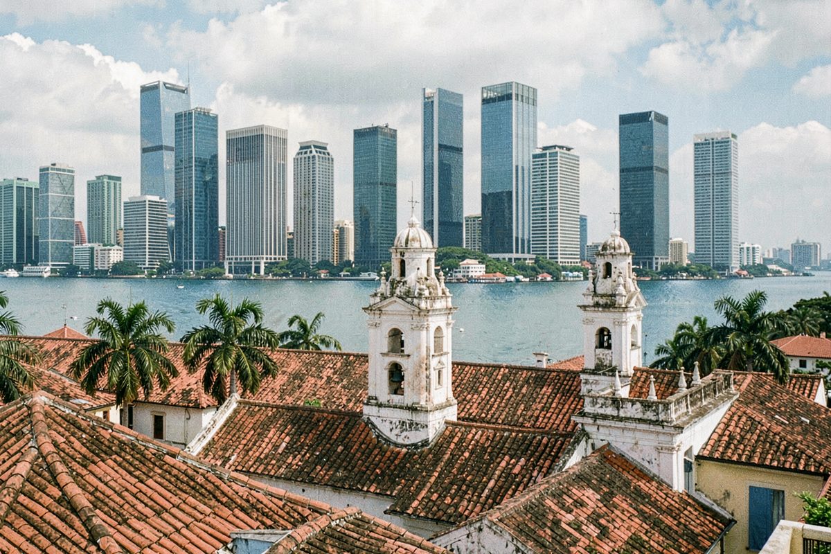 Tiled rooftops and white bell towers of Casco Viejo with the skyline across the bay in Panama City (illustrative image)