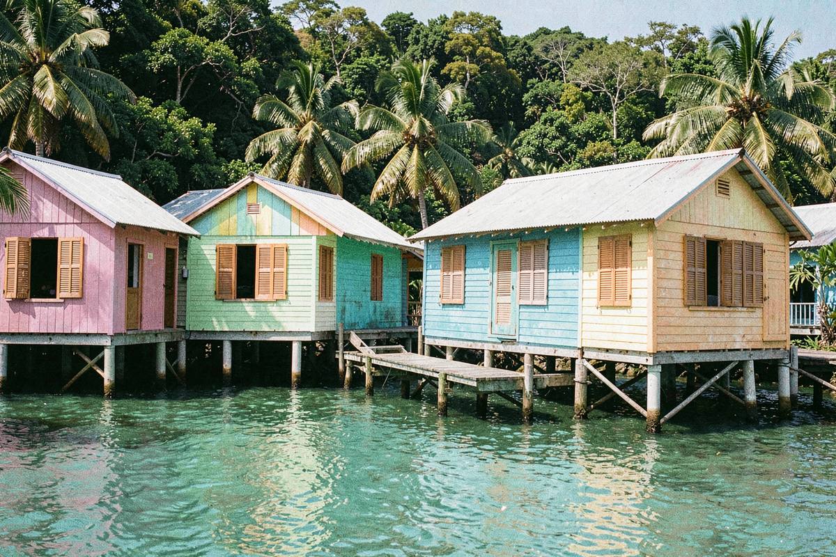 Wooden stilt houses over turquoise Caribbean water in Panama (illustrative image)