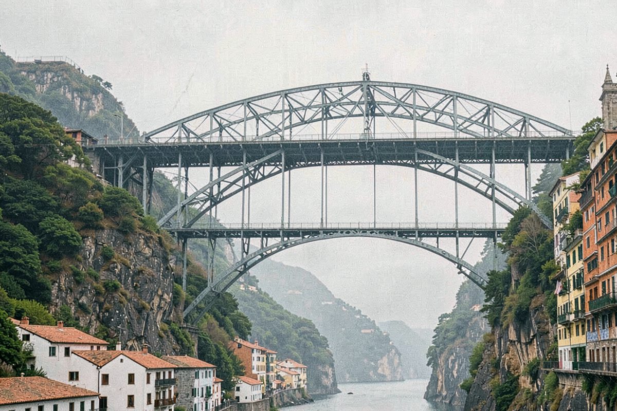 Double-deck iron arch bridge over the river gorge in Porto (illustrative image)