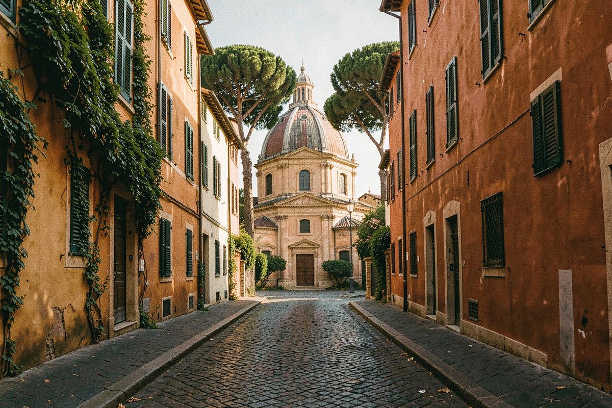 Ochre palazzi, ivy and a church dome in Trastevere, Rome (illustrative image)