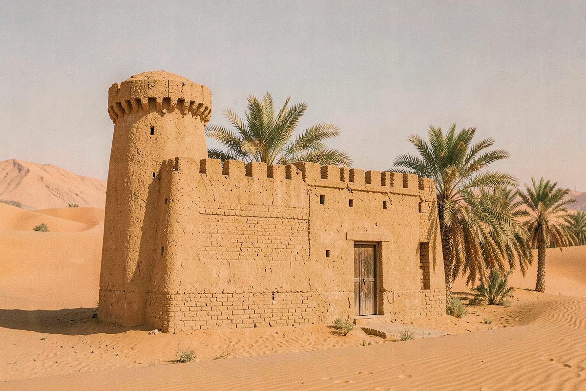 Mud-brick fort, date palms and sand dunes in the United Arab Emirates (illustrative image)